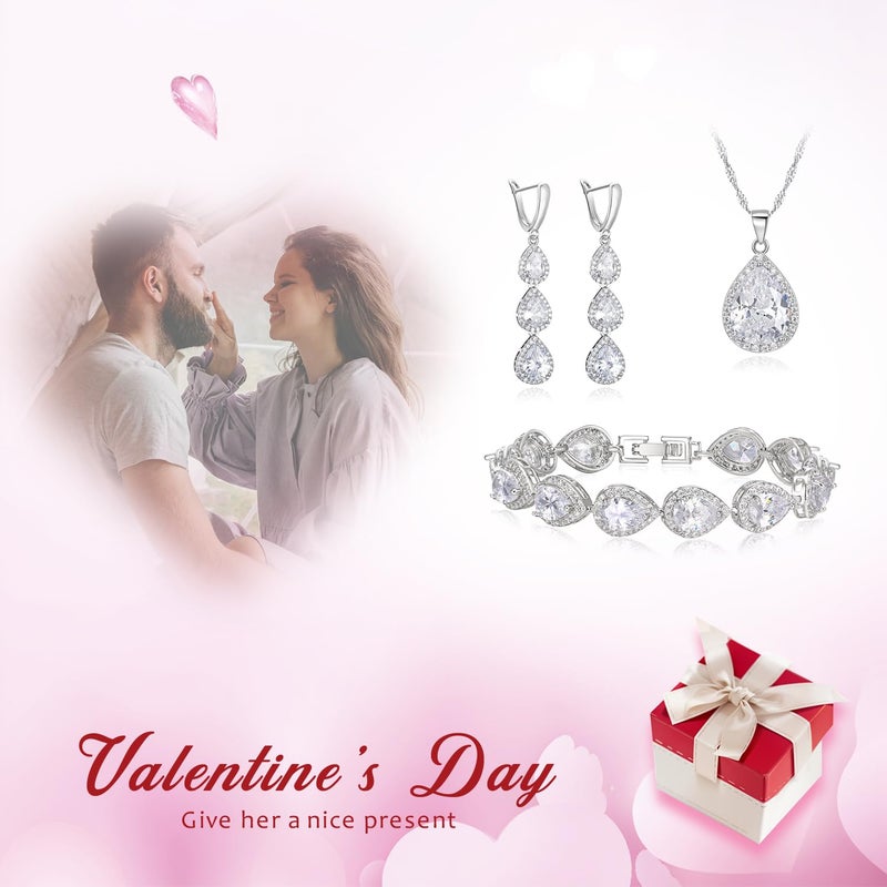 EleQueen Necklace Long Dangle Earrings Bracelet Set, Silver Plated Teardrop Cubic Zirconia Jewelry Sets Wedding Party Gift Jewelry for Women Bridal Bridesmaid, Cubic Zirconia, Cubic Zirconia - Image 5