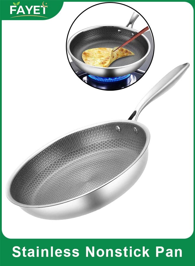 FAYET 28cm Stainless Steel Honeycomb Nonstick Frying Pan, Flat Bottom Skillet with Ergonomic Handle, Induction & Gas Stove Compatible - Image 1