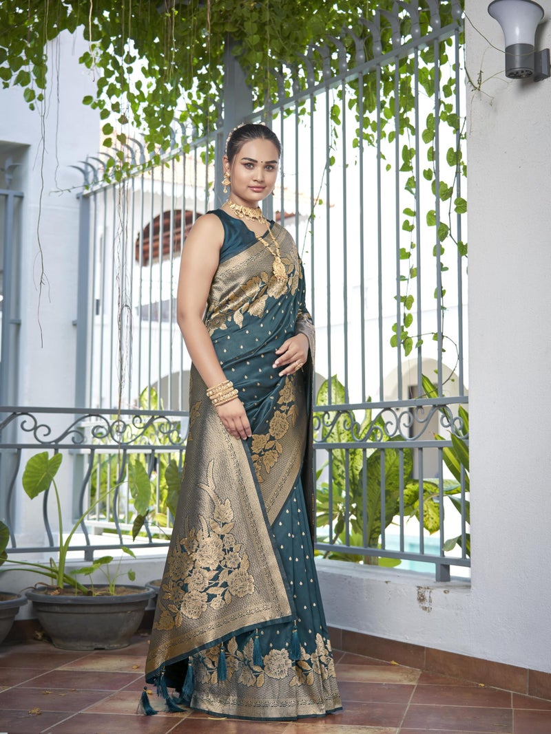 MANOHARI Womens Most Trendy Banarasi Woven Bottol Green Saree With Heavy Jacquard Work Saree With Blouse Piece - Image 5