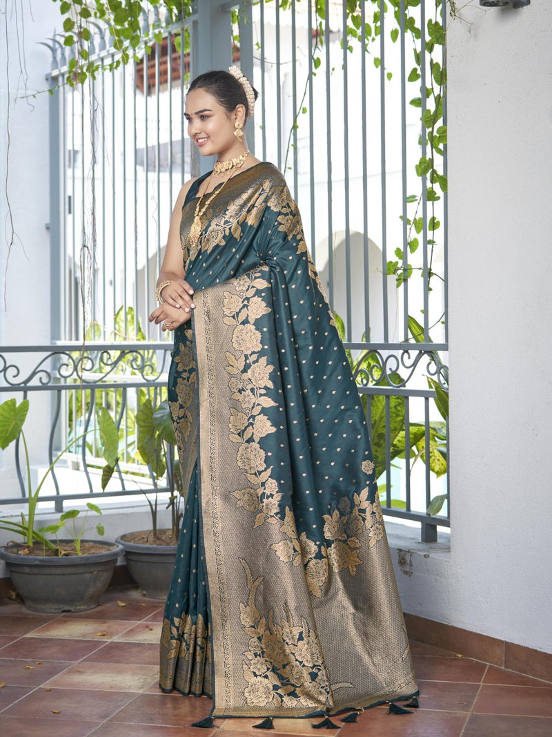 MANOHARI Womens Most Trendy Banarasi Woven Bottol Green Saree With Heavy Jacquard Work Saree With Blouse Piece - Image 3