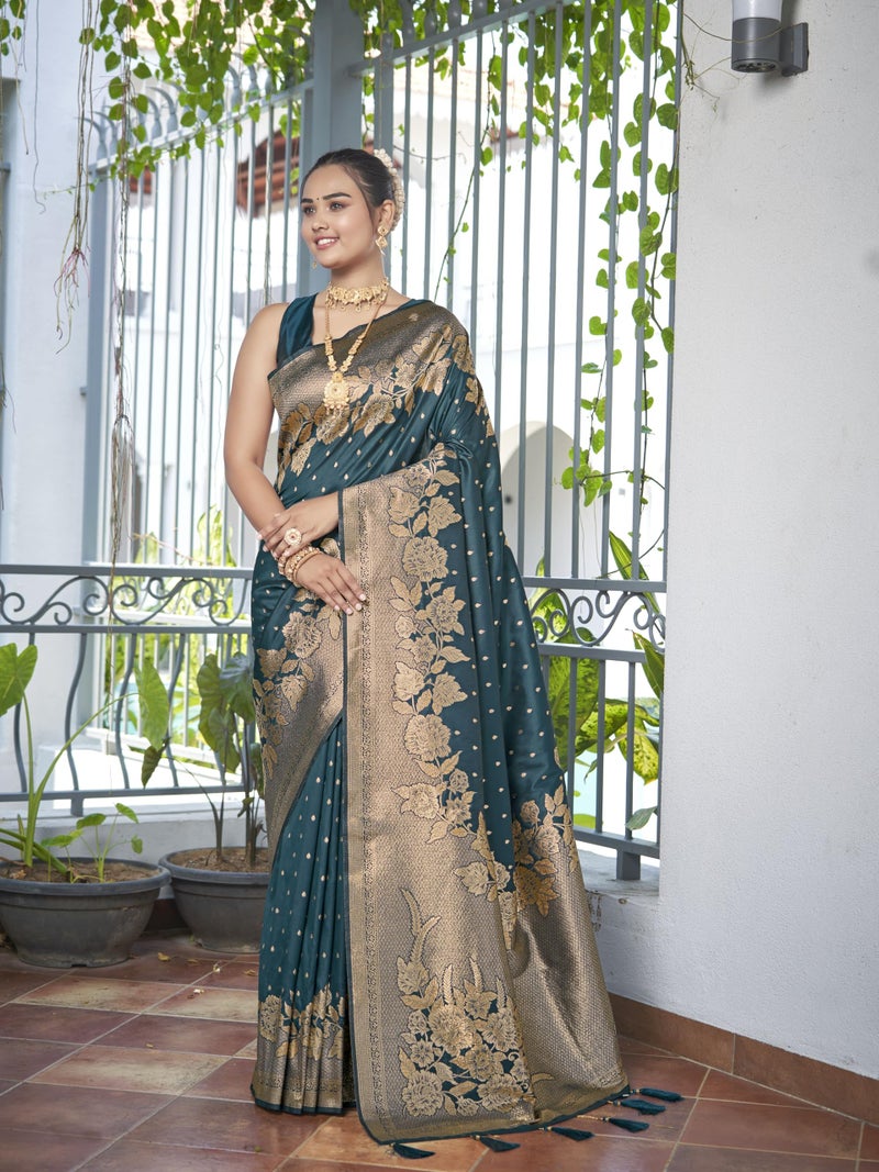 MANOHARI Womens Most Trendy Banarasi Woven Bottol Green Saree With Heavy Jacquard Work Saree With Blouse Piece - Image 2