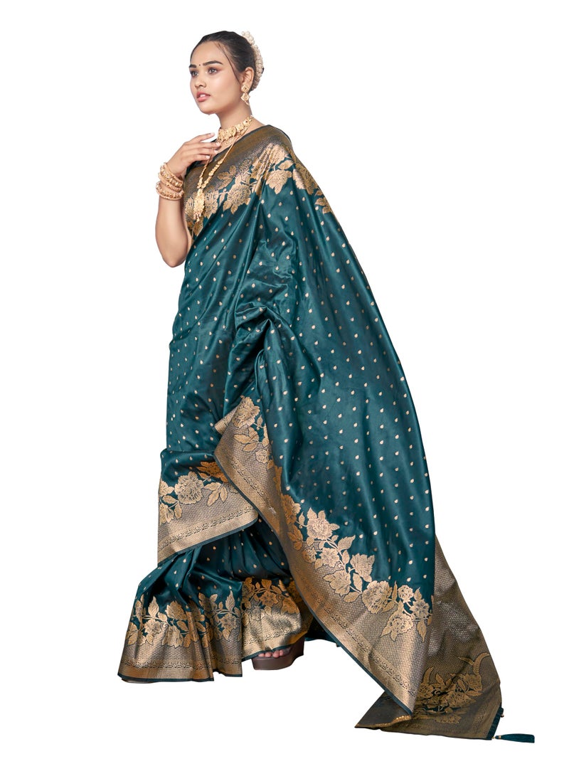 MANOHARI Womens Most Trendy Banarasi Woven Bottol Green Saree With Heavy Jacquard Work Saree With Blouse Piece - Image 1
