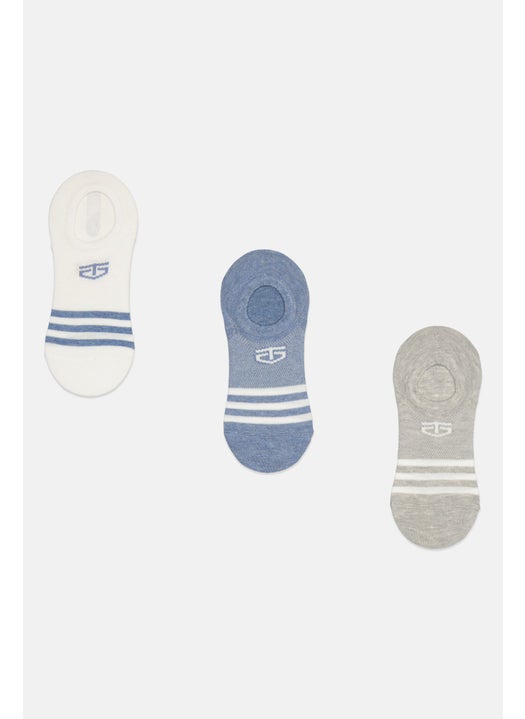 Men 3 Pairs Brand Logo Round Invible Socks, White/Light Blue/Grey