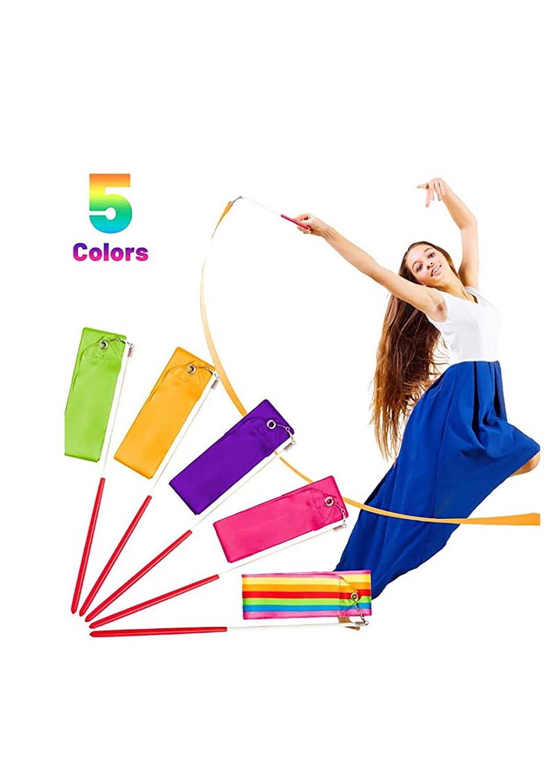SYOSI Streamers Rhythmic Dance Ribbons, 5 Pieces Rainbow Streamers Rhythmic Gymnastics Ribbon Baton Twirling Wands on Sticks for Kids Artistic Dancing, (Rainbow, Rose Red, Orange, Purple, Green) -- Candeer - Image 3