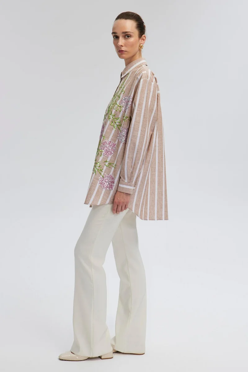 توتشي Sequin Embroidered Linen Textured Shirt