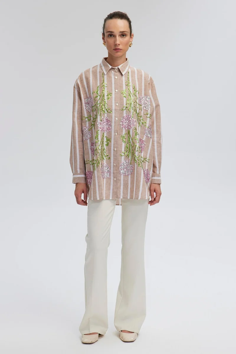 توتشي Sequin Embroidered Linen Textured Shirt