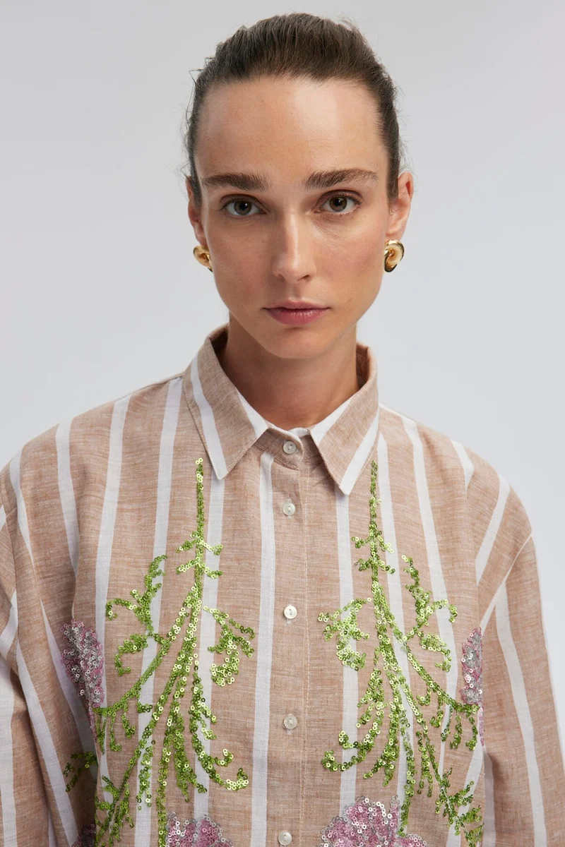 توتشي Sequin Embroidered Linen Textured Shirt