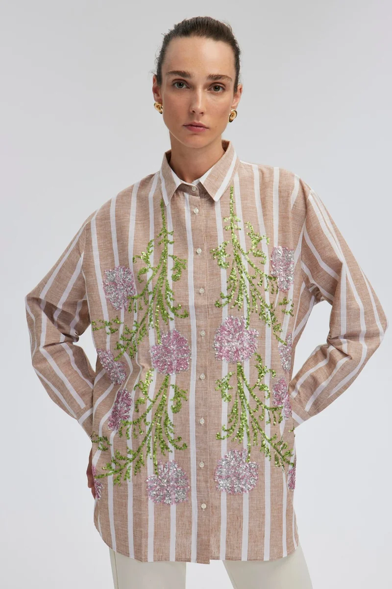 توتشي Sequin Embroidered Linen Textured Shirt