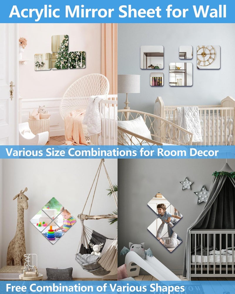 NKJVE Unbreakable Mirror Tiles Self Adhesive,4PCS 8â€x8â€ Toddler Mirror for Classroom Decor, Peel and Stick On Small Mirrors for Wall Decor, Shatterproof Plastic Mirrors Stickers for Kids Decorative - Image 2
