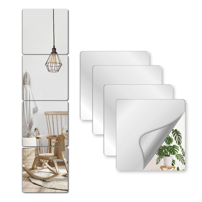 NKJVE Unbreakable Mirror Tiles Self Adhesive,4PCS 8â€x8â€ Toddler Mirror for Classroom Decor, Peel and Stick On Small Mirrors for Wall Decor, Shatterproof Plastic Mirrors Stickers for Kids Decorative - Image 1