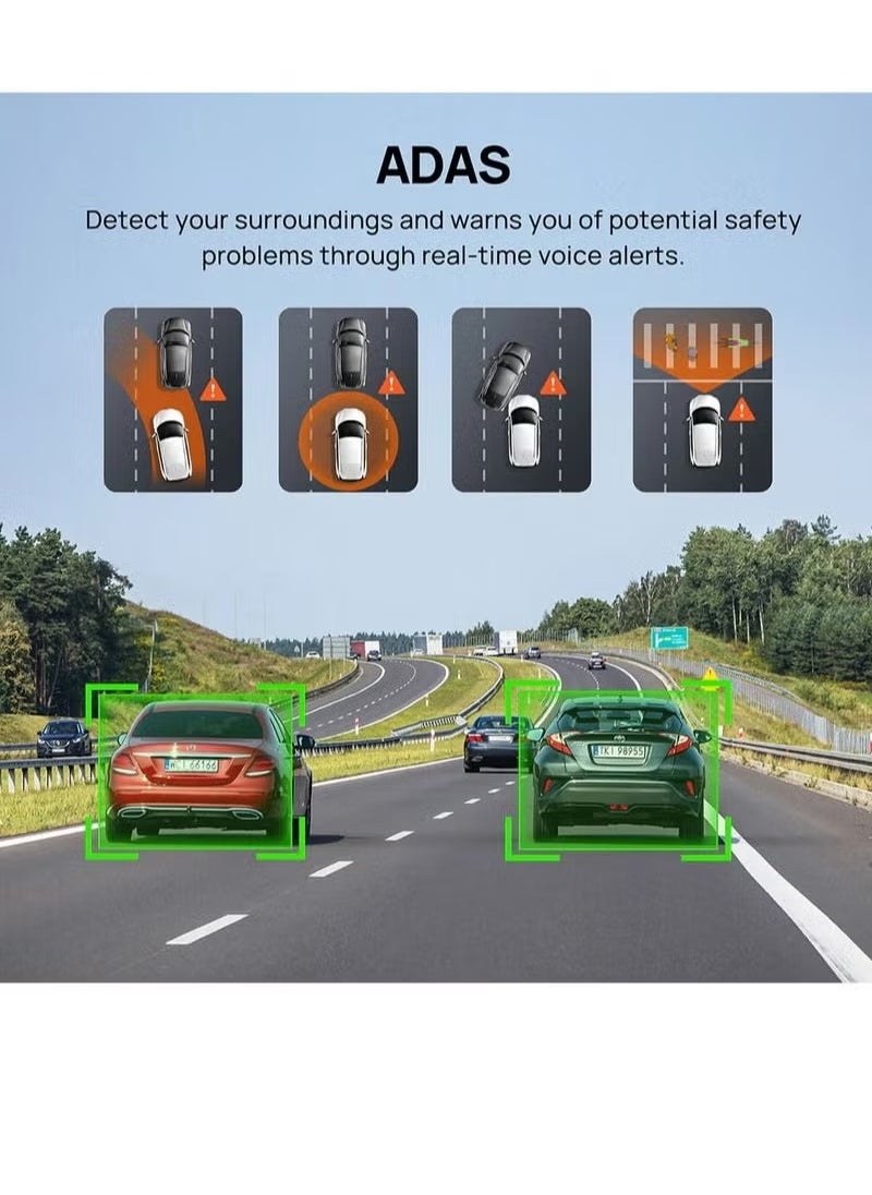 4K+1080P Dual Dash Cam with Sony High-Sensitivity Sensor, WiFi & Smart APP Control, Built-in 128GB U3 High-Speed Storage, Features Loop Recording, Night Vision, and Parking Monitor.