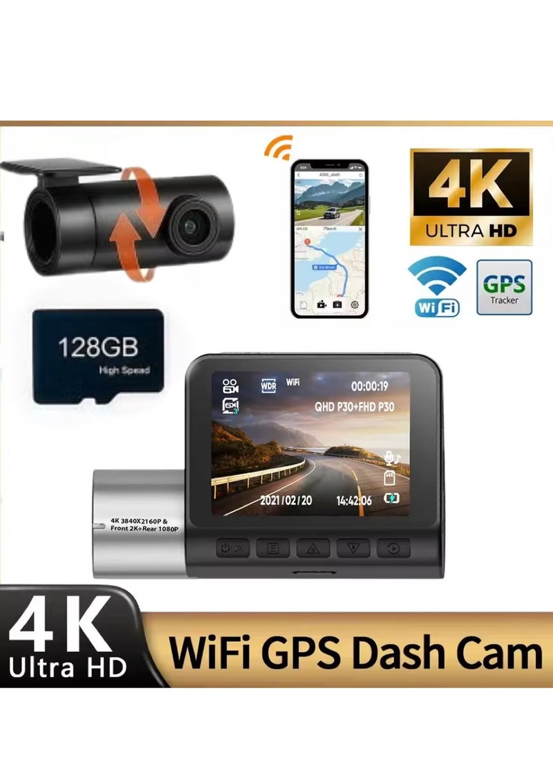 Generic 4K+1080P Dual Dash Cam with Sony High-Sensitivity Sensor, WiFi & Smart APP Control, Built-in 128GB U3 High-Speed Storage, Features Loop Recording, Night Vision, and Parking Monitor.  - Image 1