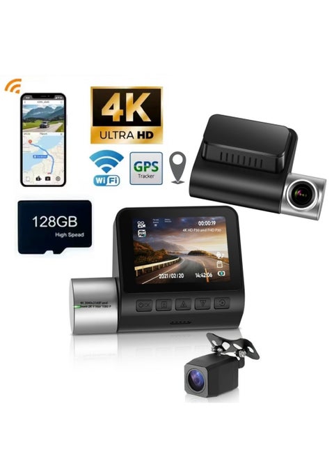 4K+1080P Dual Dash Cam with Sony High-Sensitivity Sensor, WiFi & Smart APP Control, Built-in 128GB U3 High-Speed Storage, Features Loop Recording, Night Vision, and Parking Monitor.