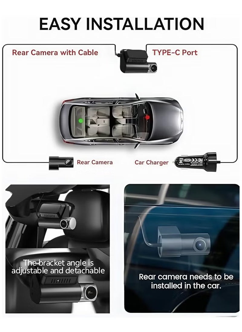 4K+1080P Dual Dash Cam with Sony High-Sensitivity Sensor, WiFi & Smart APP Control, Built-in 128GB U3 High-Speed Storage, Features Loop Recording, Night Vision, and Parking Monitor.