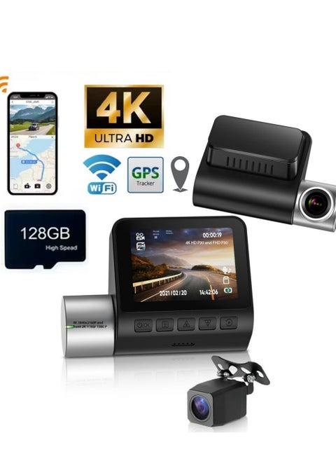 4K + 1080P كاميرا مزدوجة مع استشعار حساسية عالية من سوني ، واي فاي والتحكم في التطبيق الذكي ، وتخزين عالي السرعة مدمج 128 جيجا بايت U3 ، وميزات تسجيل الحلقة ، والرؤية الليلية ، ومراقبة مواقف السيارات.