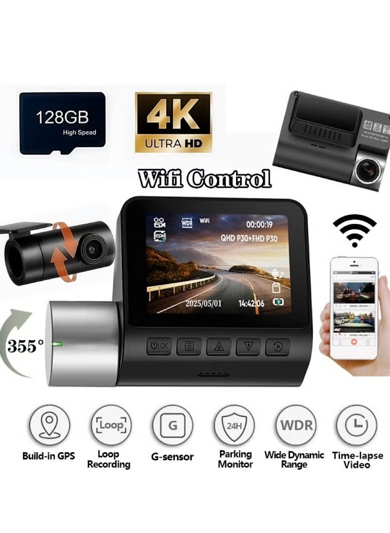 ZetRA 4K+1080P Dual Dash Cam with Sony High-Sensitivity Sensor, WiFi & Smart APP Control, Built-in 128GB U3 High-Speed Storage, Features Loop Recording, Night Vision, and Parking Monitor. - Image 1