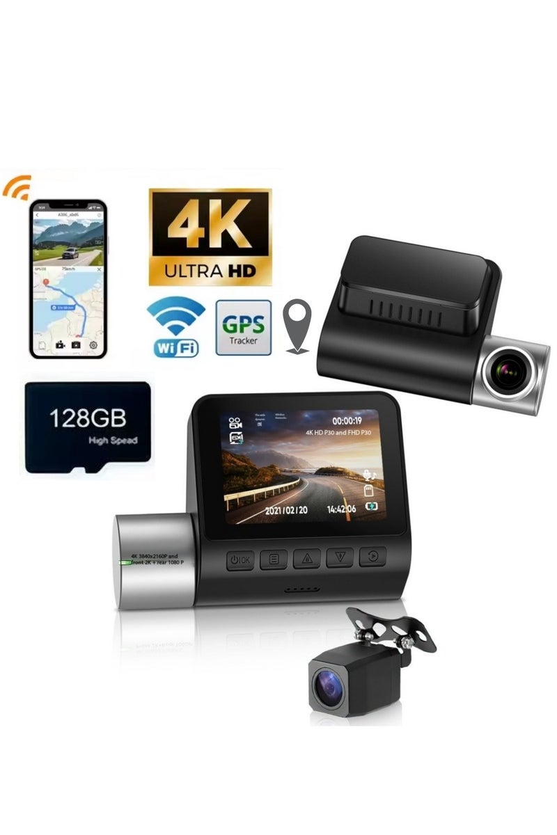 ZetRA 4K+1080P Dual Dash Cam with Sony High-Sensitivity Sensor, WiFi & Smart APP Control, Built-in 128GB U3 High-Speed Storage, Features Loop Recording, Night Vision, and Parking Monitor. - Image 1