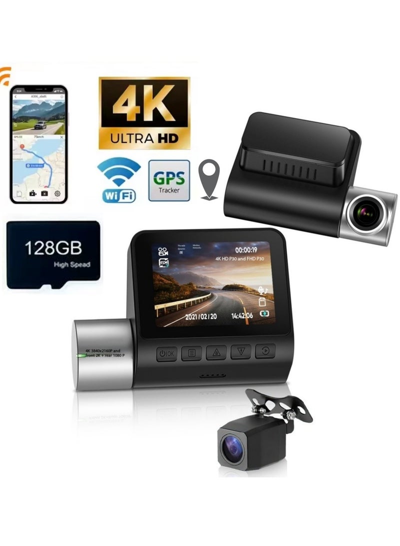 ZetRA 4K+1080P Dual Dash Cam with Sony High-Sensitivity Sensor, WiFi & Smart APP Control, Built-in 128GB U3 High-Speed Storage, Features Loop Recording, Night Vision, and Parking Monitor. - Image 1