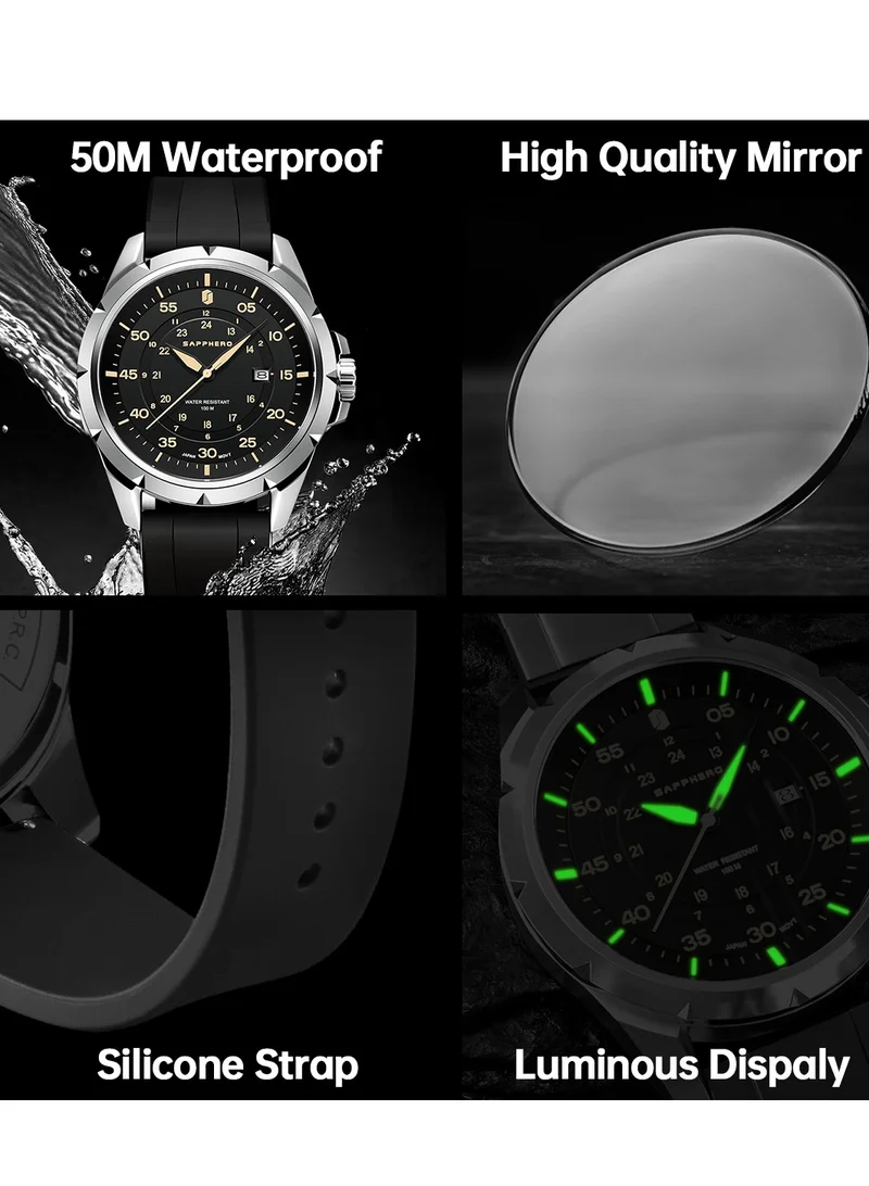 Sapphero  SAPPHERO Men's Silicone Waterproof Watch 5ATM Japanese Quartz Movement Stainless Steel Case Men's Watch Date Design Sport Casual Business Best Gift for Men for Men | Best Price UAE