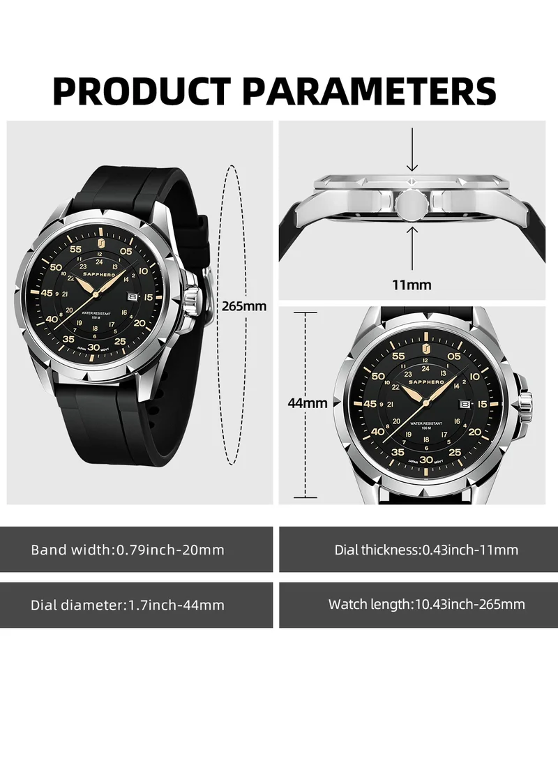 Sapphero  SAPPHERO Men's Silicone Waterproof Watch 5ATM Japanese Quartz Movement Stainless Steel Case Men's Watch Date Design Sport Casual Business Best Gift for Men for Men | Best Price UAE
