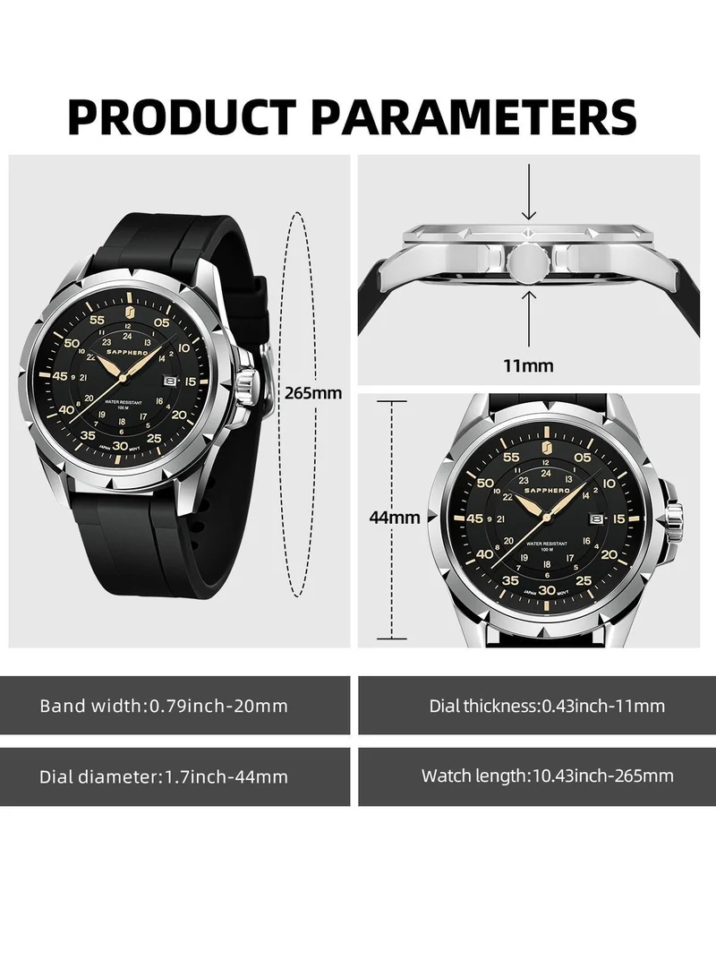 Sapphero  SAPPHERO Men's Silicone Waterproof Watch 5ATM Japanese Quartz Movement Stainless Steel Case Men's Watch Date Design Sport Casual Business Best Gift for Men for Men | Best Price UAE