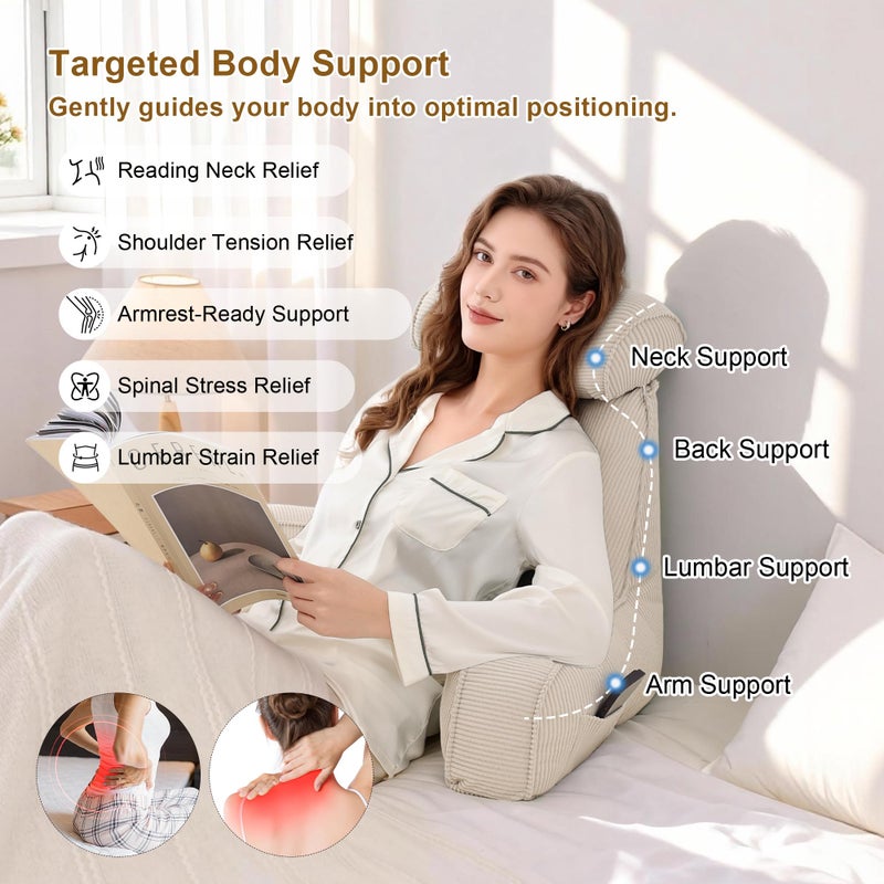 Ailuteie Reading Pillow for Sitting Up in Bed, Corduroy Backrest Pillow with Arms, Side Pocket & Washable Cover, Bed Rest Back Support for Adults, Teens & Kids, Beige Gray - Image 3