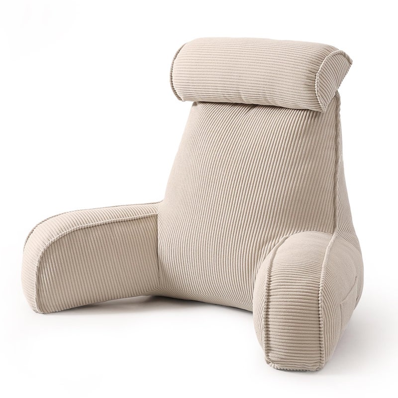 Ailuteie Reading Pillow for Sitting Up in Bed, Corduroy Backrest Pillow with Arms, Side Pocket & Washable Cover, Bed Rest Back Support for Adults, Teens & Kids, Beige Gray - Image 1