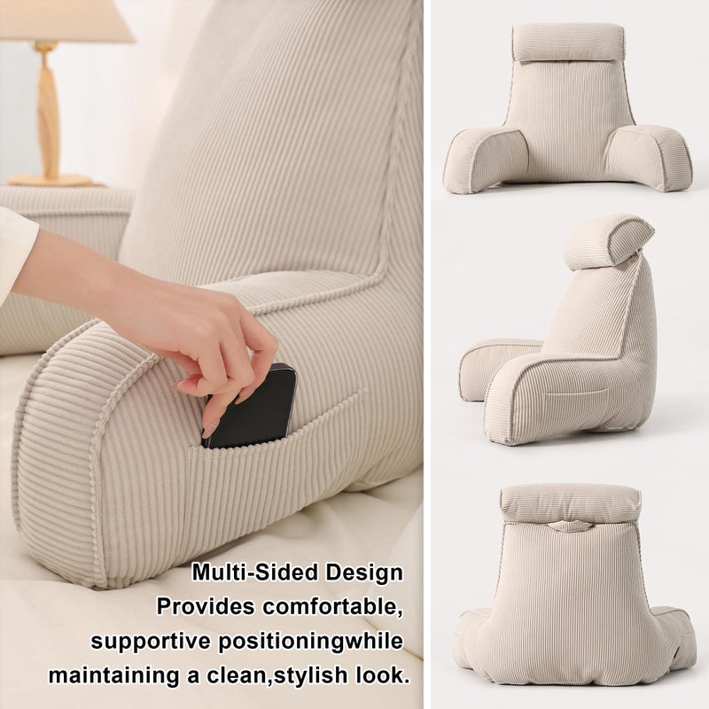 Ailuteie Reading Pillow for Sitting Up in Bed, Corduroy Backrest Pillow with Arms, Side Pocket & Washable Cover, Bed Rest Back Support for Adults, Teens & Kids, Beige Gray - Image 4