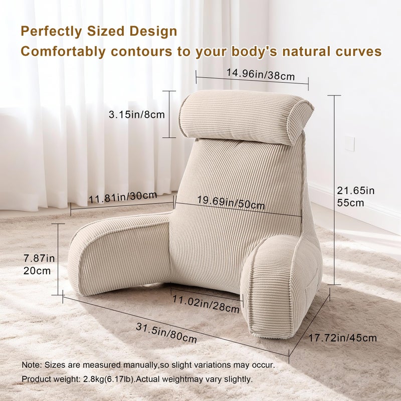 Ailuteie Reading Pillow for Sitting Up in Bed, Corduroy Backrest Pillow with Arms, Side Pocket & Washable Cover, Bed Rest Back Support for Adults, Teens & Kids, Beige Gray - Image 2