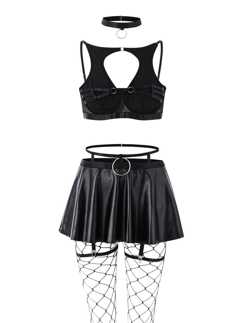 Lilosy Sexy Fishnet Stocking Chocker Strappy Underwire O Ring Push Up Garter Belt Women Lingerie Set Latex Harness Cutout Rave Outfit Bra Panty Skirt 5 Piece Black Medium - Image 4