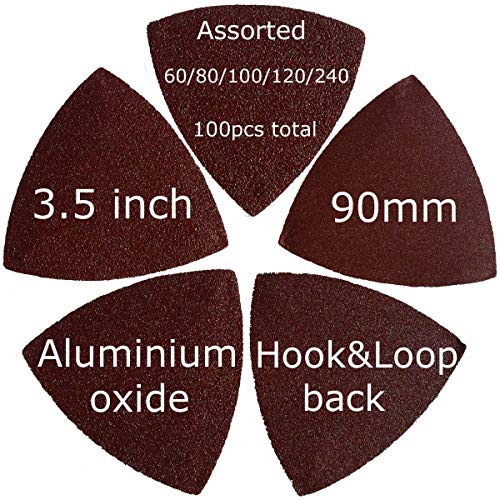 XXGO 100 Pcs 3-1/2 Inch 90mm Triangular 60/80 /100/120 /240 Grits Hook & Loop Multitool Sandpaper for Wood Sanding Contains 20 of Each Fit 3.5 Inch Oscillating Multi Tool Sanding Pad XG9020 - Image 3