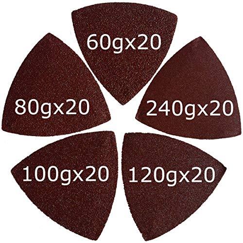 XXGO 100 Pcs 3-1/2 Inch 90mm Triangular 60/80 /100/120 /240 Grits Hook & Loop Multitool Sandpaper for Wood Sanding Contains 20 of Each Fit 3.5 Inch Oscillating Multi Tool Sanding Pad XG9020 - Image 2