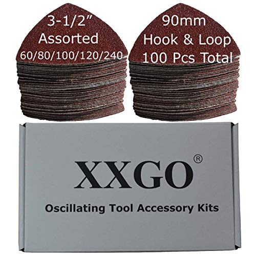 XXGO 100 Pcs 3-1/2 Inch 90mm Triangular 60/80 /100/120 /240 Grits Hook & Loop Multitool Sandpaper for Wood Sanding Contains 20 of Each Fit 3.5 Inch Oscillating Multi Tool Sanding Pad XG9020 - Image 1