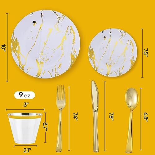 JOLLY PARTY 180PCS Disposable Dinnerware Set 30 Guest, 60 White and Gold Plastic Plates, 30 Plastic Silverware, 30 Cups, Marble Design Disposable Dinnerware for Wedding and Parties - Image 3