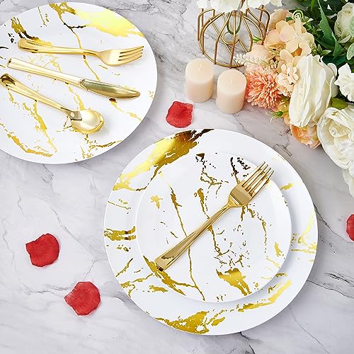 JOLLY PARTY 180PCS Disposable Dinnerware Set 30 Guest, 60 White and Gold Plastic Plates, 30 Plastic Silverware, 30 Cups, Marble Design Disposable Dinnerware for Wedding and Parties - Image 4