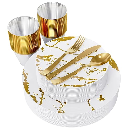 JOLLY PARTY 180PCS Disposable Dinnerware Set 30 Guest, 60 White and Gold Plastic Plates, 30 Plastic Silverware, 30 Cups, Marble Design Disposable Dinnerware for Wedding and Parties - Image 1
