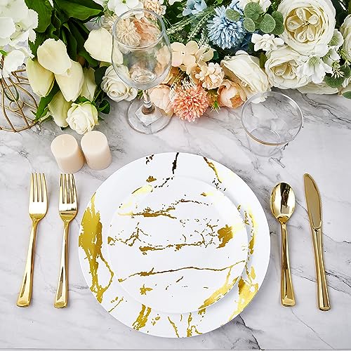 JOLLY PARTY 180PCS Disposable Dinnerware Set 30 Guest, 60 White and Gold Plastic Plates, 30 Plastic Silverware, 30 Cups, Marble Design Disposable Dinnerware for Wedding and Parties - Image 2