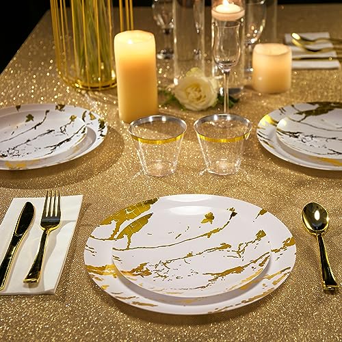 JOLLY PARTY 180PCS Disposable Dinnerware Set 30 Guest, 60 White and Gold Plastic Plates, 30 Plastic Silverware, 30 Cups, Marble Design Disposable Dinnerware for Wedding and Parties - Image 5