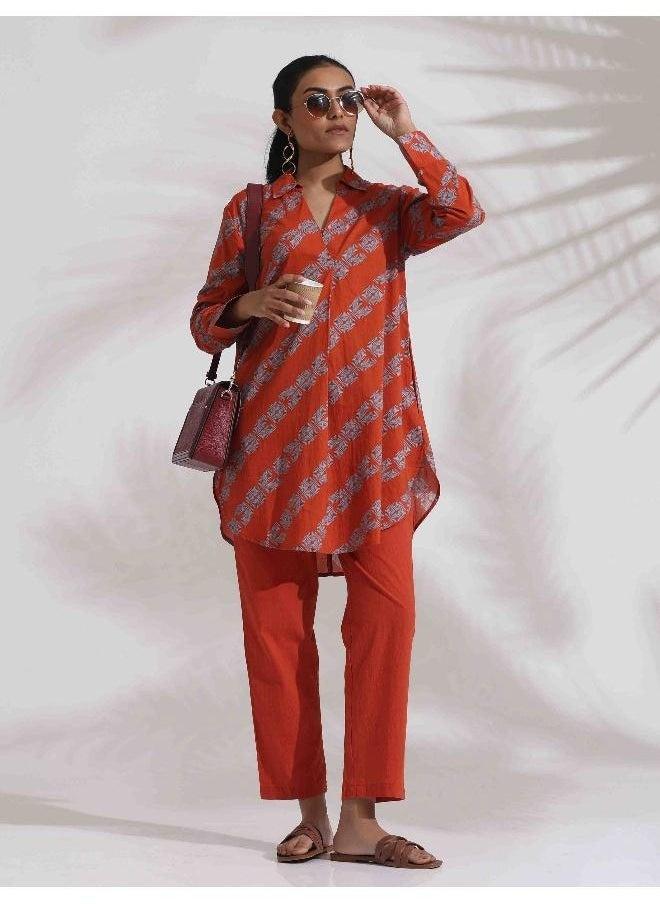 trueBrowns Orange Cotton Print  Co-ord Set