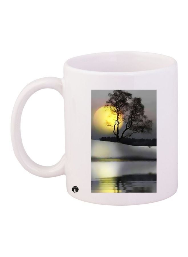 RYN Lake And Sunset Printed Coffee Mug White/Yellow/Grey 11ounce