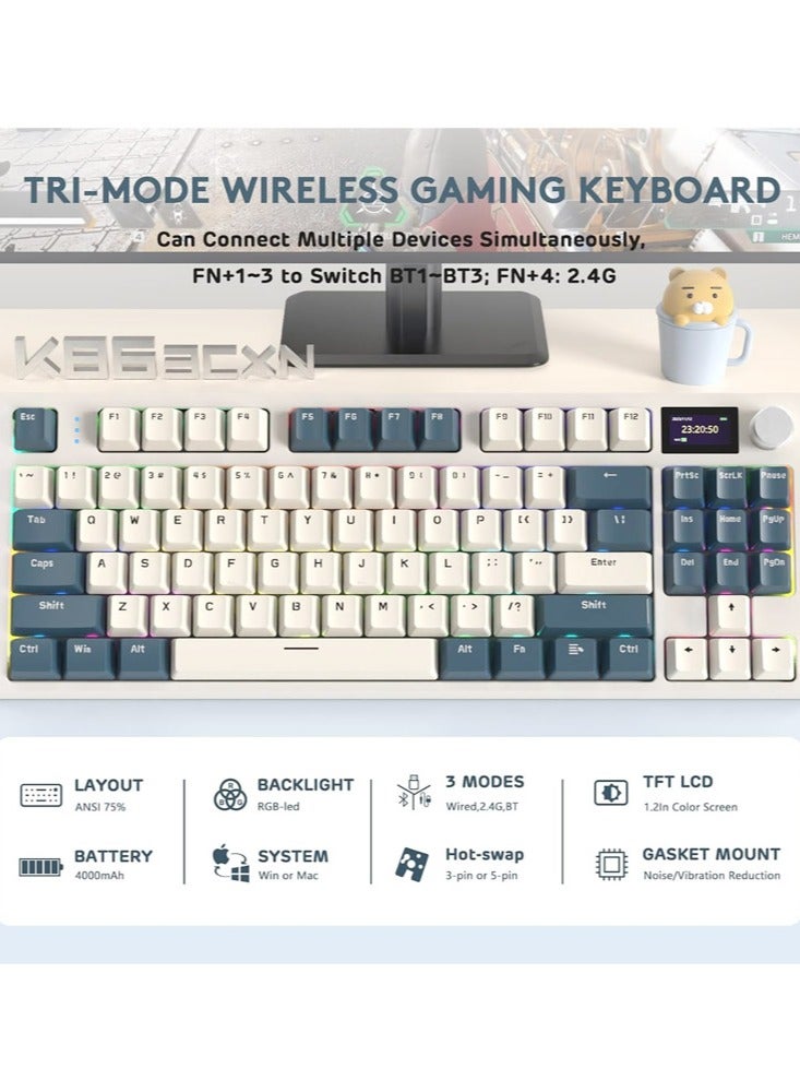 Attack Shark K86 RGB Wireless Gasket Mechanical Keyboard,Triple Mode Bluetooth5.0/2.4G/USB-C 87 Keys Hot Swappable Gaming Keyboard, 4000 mAh Battery 1.2'' HD OLED Display Volume Rotary Button for Games and Work - Image 2