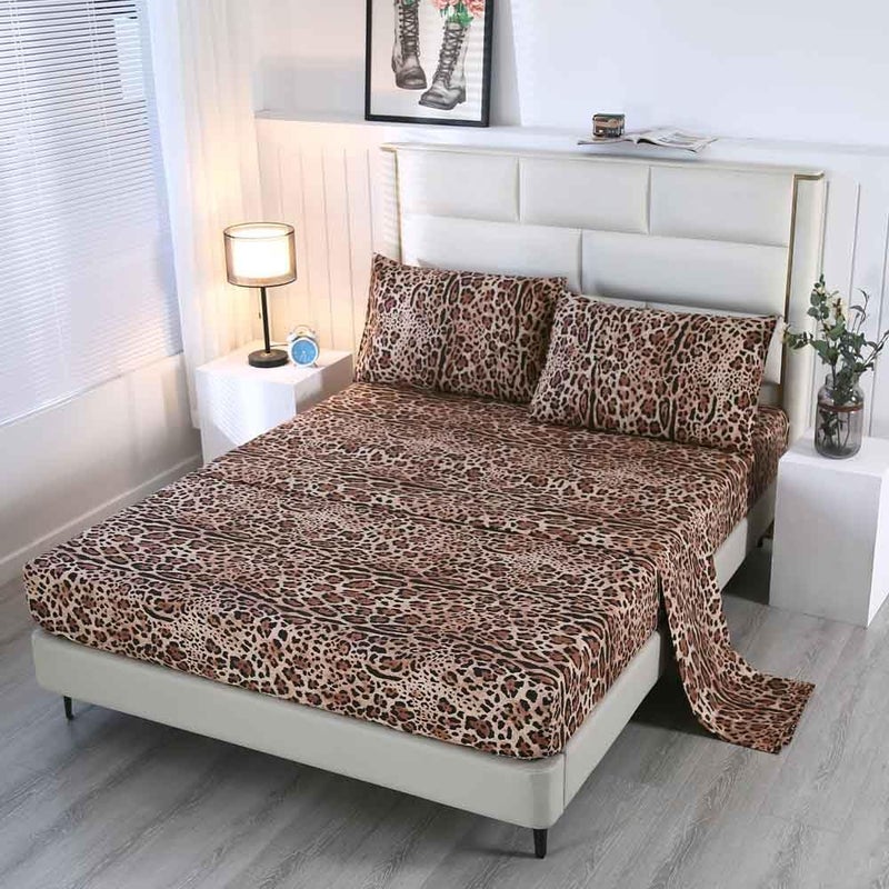 SDY 4PCS Leopard Bedding Sheets Queen Size Leopard Print Sheet Set Included 1 Fitted Sheet with 14'' Deep Pocket + 1 Top Flat Sheet + 2 Pillowcases for Kids Boys Girls - Image 1