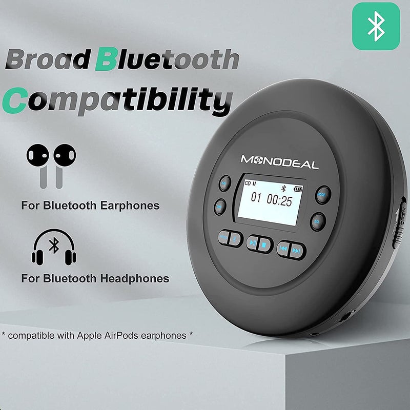 MONODEAL CD Player Portable, MONODEAL Bluetooth CD Player, Rechargeable Compact Small Player with Headphones for Car and Personal Use - Image 2