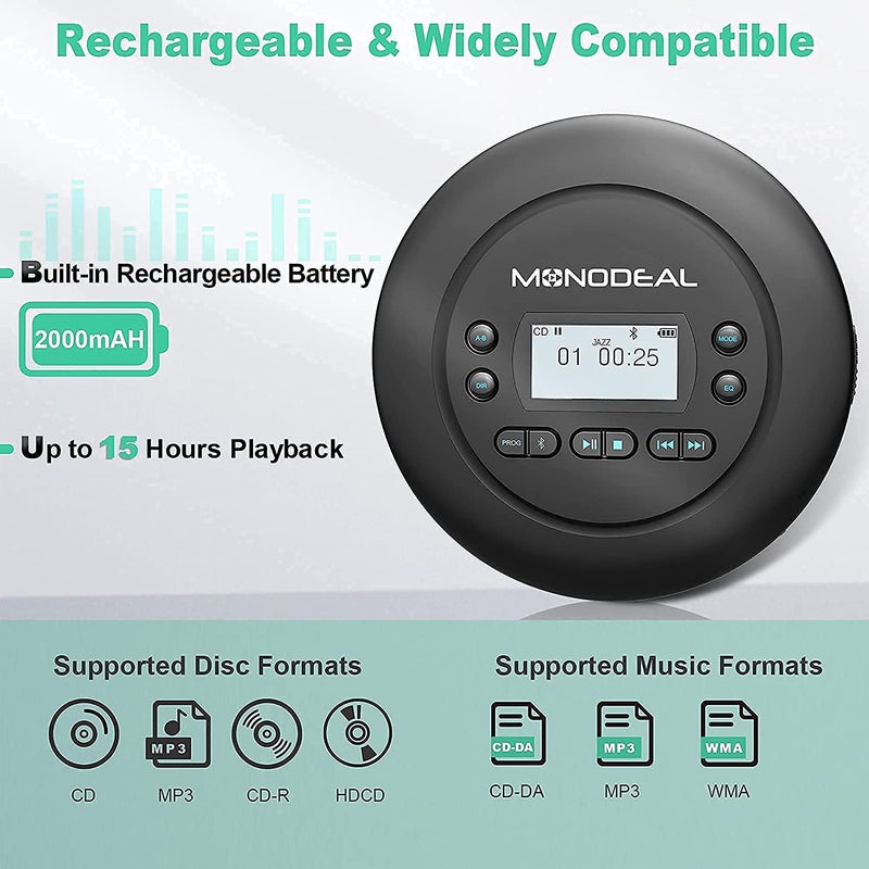 MONODEAL CD Player Portable, MONODEAL Bluetooth CD Player, Rechargeable Compact Small Player with Headphones for Car and Personal Use - Image 5