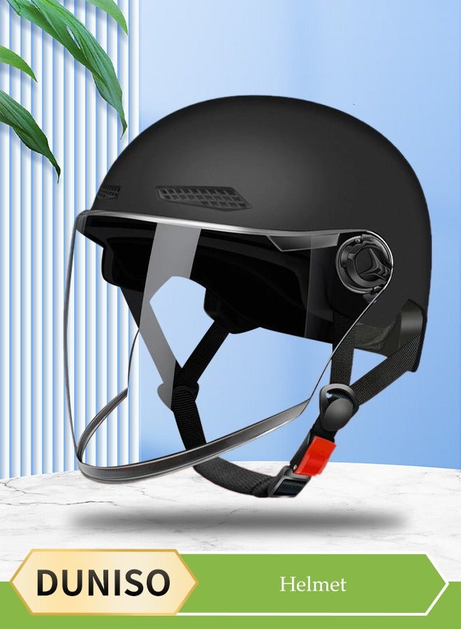 DUNISO خوذة مفتوحة الوجه، خوذة سكوتر مع نظارات قابلة للفصل وحماية للأذن، محيط رأس قابل للتعديل، مقاومة للصدمات والسقوط، مناسبة للرجال والنساء، سوداء - Image 1