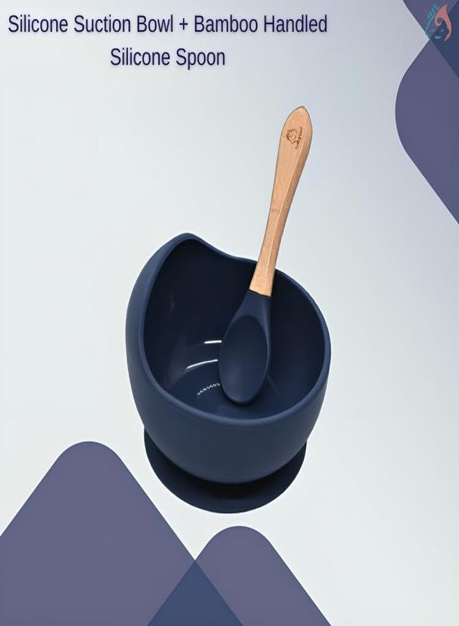 Babylief™ Silicone Suction Bowl and Wooden Handled Silicone Spoon Combo (Navy Blue) - Image 2
