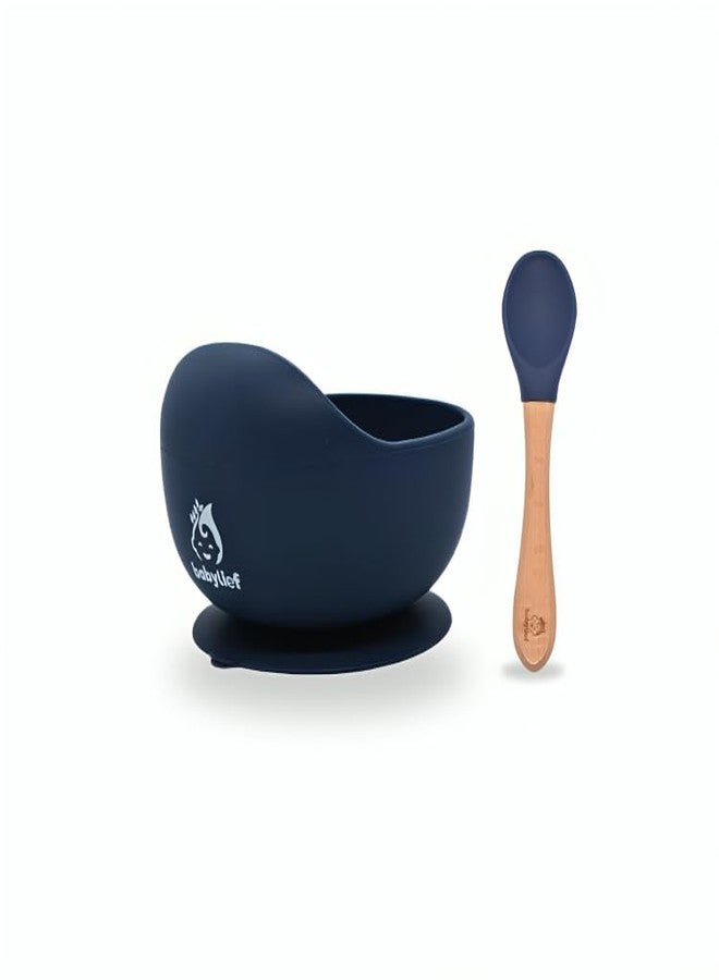 Babylief™ Silicone Suction Bowl and Wooden Handled Silicone Spoon Combo (Navy Blue) - Image 1