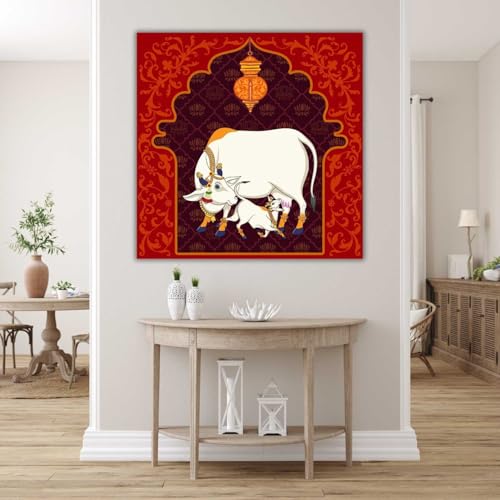 Casperme Kamdhenu Cow Vastu Prosperity Cotton Canvas Wall Painting For Living Room for Bedroom, Hotels & Office Decoration (Red, 24 x 24 inches) - Image 4