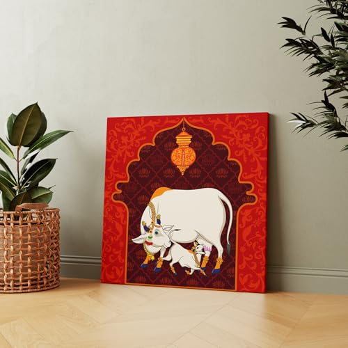 Casperme Kamdhenu Cow Vastu Prosperity Cotton Canvas Wall Painting For Living Room for Bedroom, Hotels & Office Decoration (Red, 24 x 24 inches) - Image 1