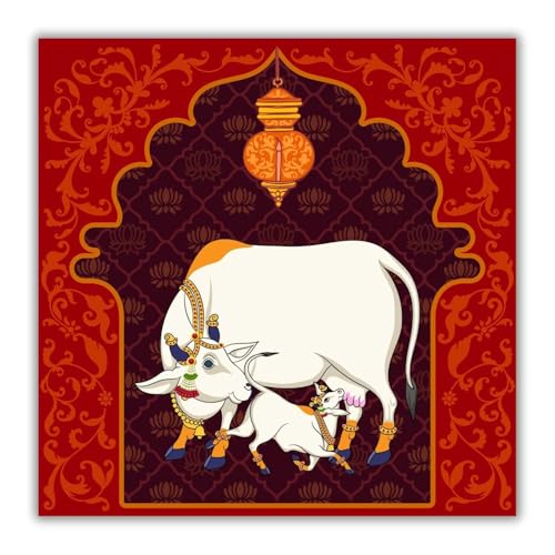 Casperme Kamdhenu Cow Vastu Prosperity Cotton Canvas Wall Painting For Living Room for Bedroom, Hotels & Office Decoration (Red, 24 x 24 inches) - Image 2